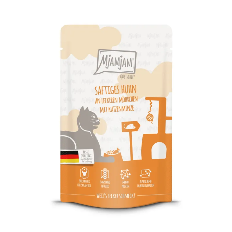 Direktkauf Sparpaket 12 x 125 g Mjamjam Quetschie Saftiges Huhn an leckeren Möhrchen mit Katzenminze Katzen Nassfutter